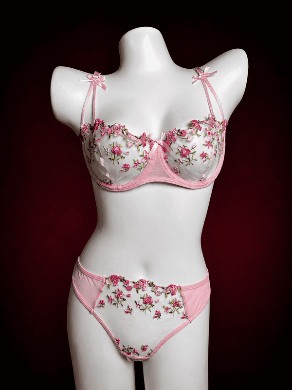 Rose Floral Embroidered Sheer Mesh Bra & Brief Set – Unlined Underwired Lingerie Set