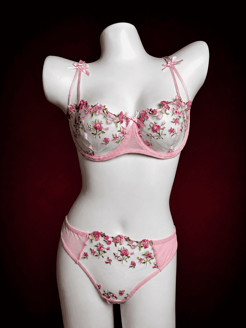 Rose Floral Embroidered Sheer Mesh Bra & Brief Set – Unlined Underwired Lingerie Set