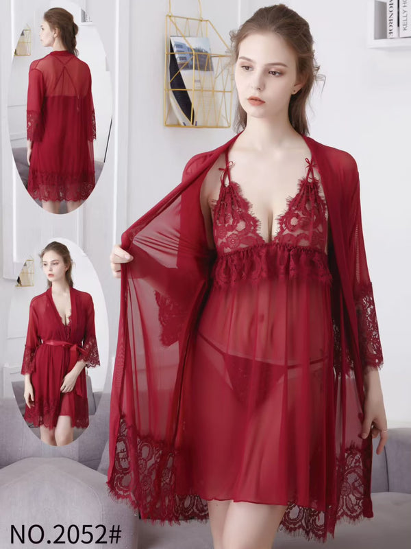 Crimson Rose Lace Robe Set