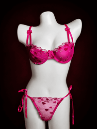 Heart Embroidered Sheer Mesh Push-Up Bra & Side-Tie Thong Set – Valentine Lingerie Set