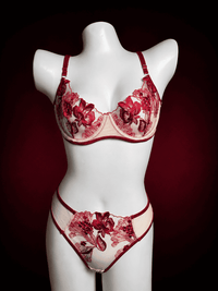 Botanical Floral Embroidered Sheer Mesh Bra & Thong Set – Unlined Underwired Lingerie Set