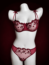 Rose Floral Embroidered Sheer Mesh Bra & Brief Set – Unlined Underwired Lingerie Set